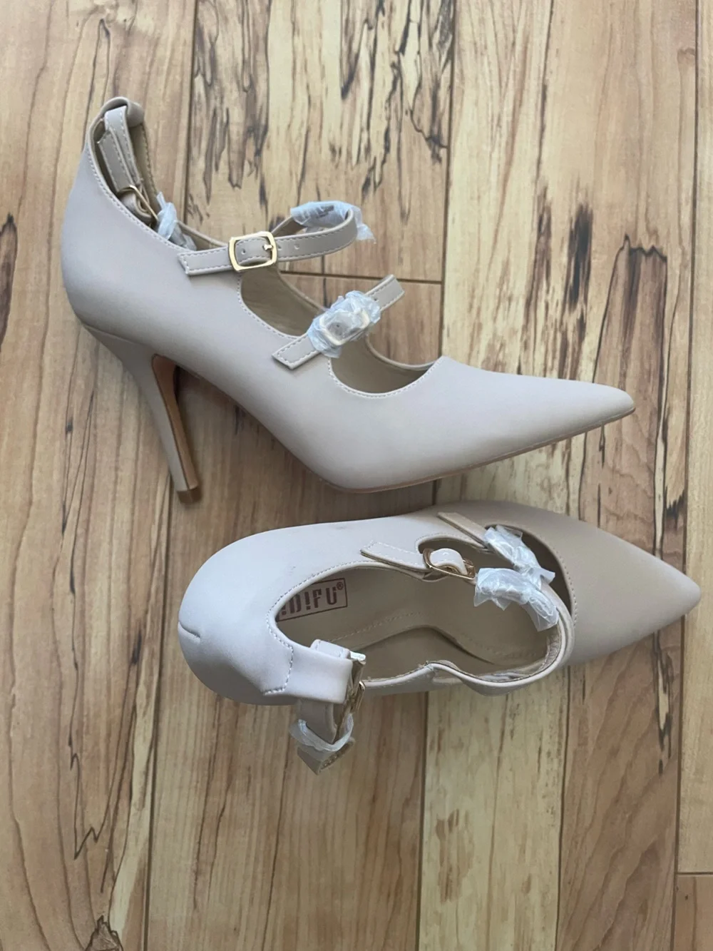 Classic Pointed-Toe Mary Jane Pumps in Light Beige